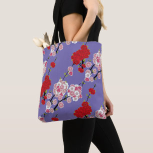 Red Japanese Cherry Blossoms in Pink Spring Tote Bag