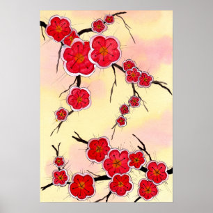 Red Japanese Cherry Blossoms Poster