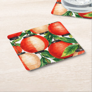 Red Japanese Lantern Leaf Square Paper Coaster