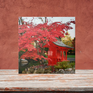 Red Japanese Maple and Garden Shrine Ceramic Tile