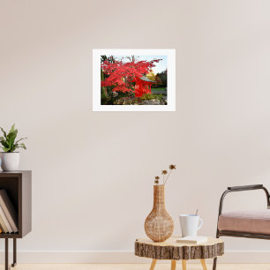 Red Japanese Maple and Garden Shrine Photo Poster