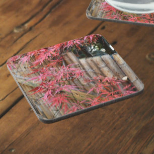 Red Japanese Maple Leaves and Bamboo Fence Coaster