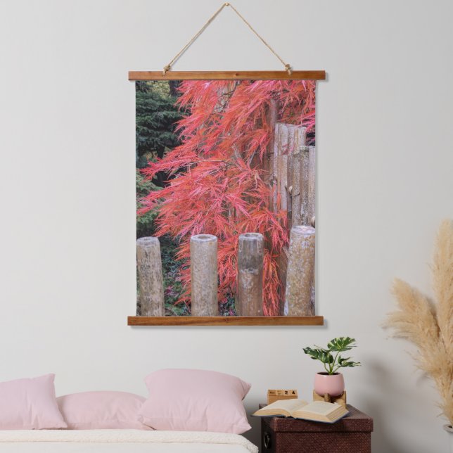Red Japanese Maple Leaves and Bamboo Fence Hanging Tapestry (Bedroom)