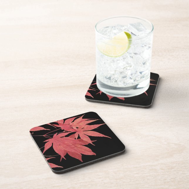 Red Japanese Maple Leaves on Black Coaster (Right Side)