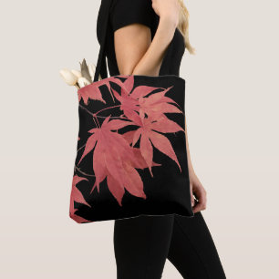 Red Japanese Maple Leaves on Black Tote Bag