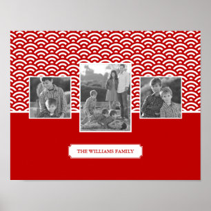 Red Japanese Pattern   Family Photos & Text Poster