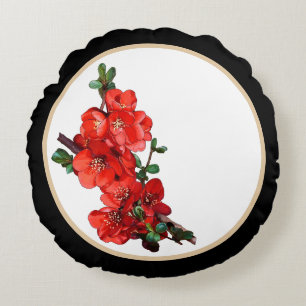 Red Japanese Quince Blossom black Round Cushion