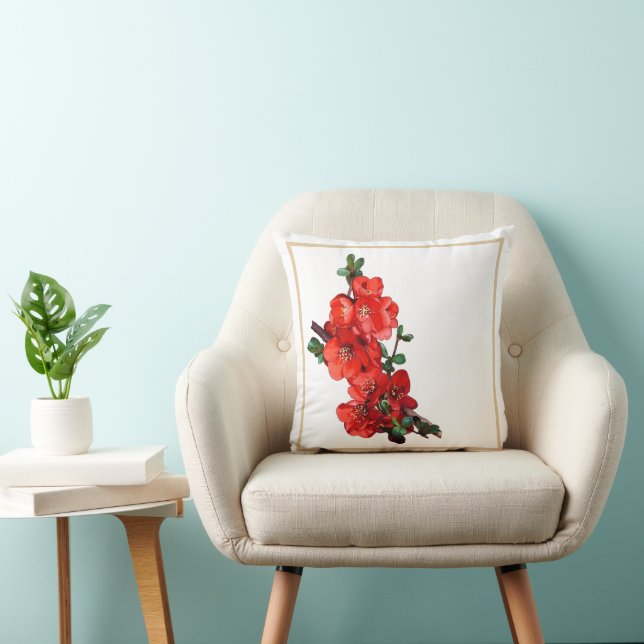 Red Japanese Quince Blossom white Cushion (Chair)