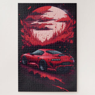 Red Japanese Supra Car Gift for Him Mancave Jigsaw Puzzle