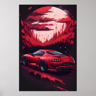 Red Japanese Supra Car Gift for Him Mancave Poster