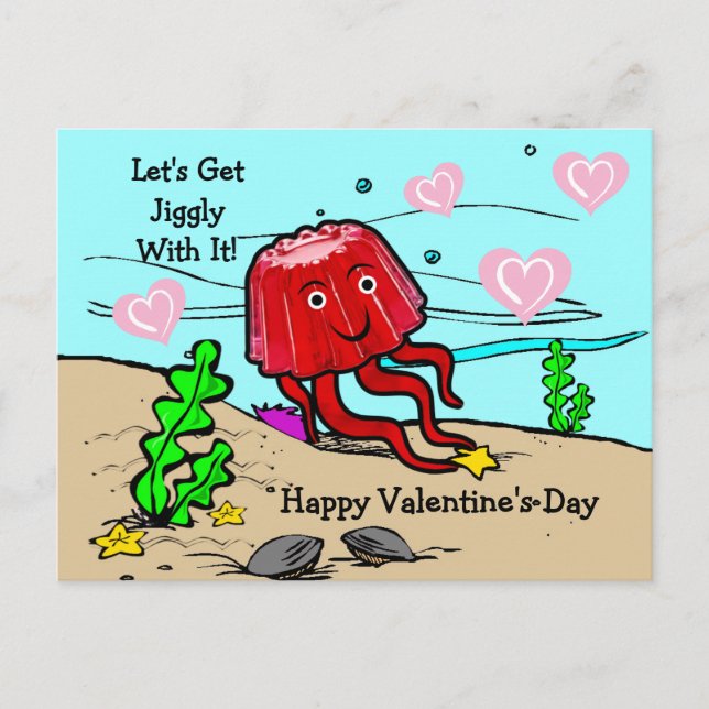 Red Jellyfish Let's Get Jiggly With It Valentine Postcard (Front)