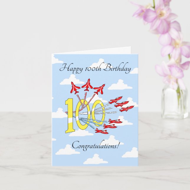 Red Jet Planes 100th (Blue Sky) Birthday Card (Orchid)