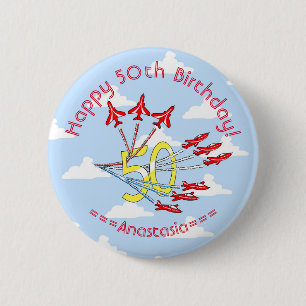 Red Jet Planes - 50th Birthday (Blue Sky) Badge