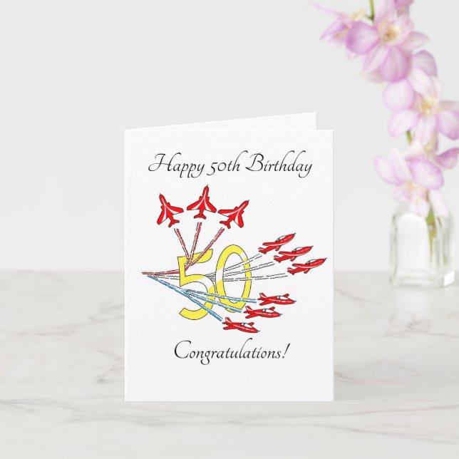Red Jet Planes 50th Birthday Card (Orchid)
