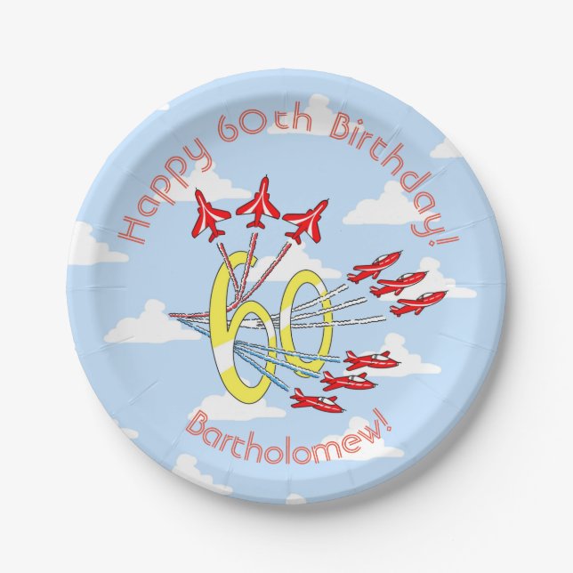 Red Jet Planes 60th Blue Sky Paper Plates (Front)