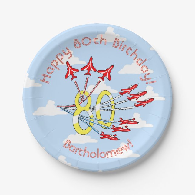 Red Jet Planes 80th Blue Sky Paper Plates (Front)