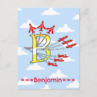 Red Jet Planes Blue Sky Initial B Postcard