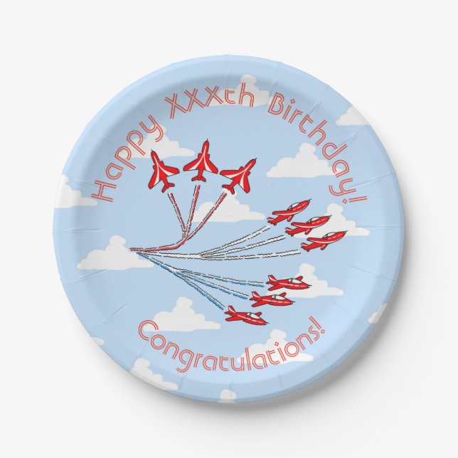 Red Jet Planes Blue Sky Paper Plates, 17.8 cm Plate (Front)