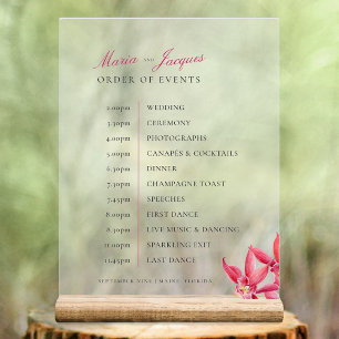 Red jewel orchid watercolor order of event wedding acrylic sign