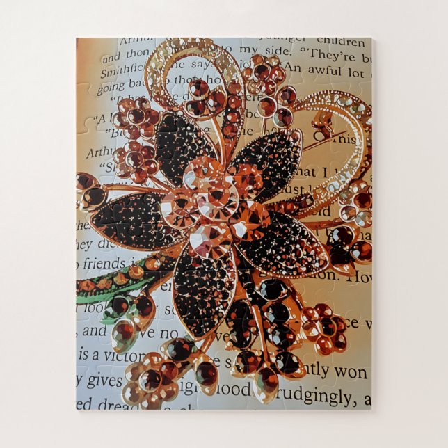 Red jewelled broach on print background jigsaw puzzle (Vertical)