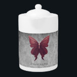 Red Jewelled Butterfly<br><div class="desc">Enjoy your tea with a Jewelled Butterfly Personalised Teapot.  Teapot design features a vibrant jewelled butterfly against an elegant vintage grey damask pattern. Additional gift items available with this design as well as a variety of colours.</div>