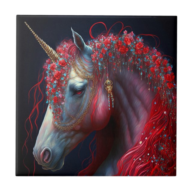 Red Jewelled Unicorn Fantasy Art Ceramic Tile (Front)