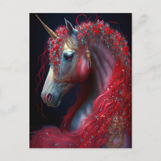 Red Jewelled Unicorn Fantasy Art Postcard (Front)