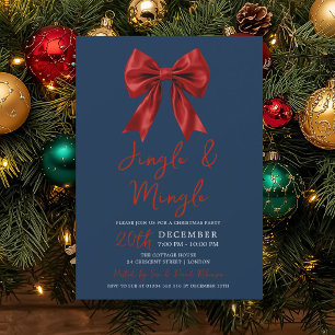 Red Jingle Mingle Christmas Party Glam Bow Navy  Invitation