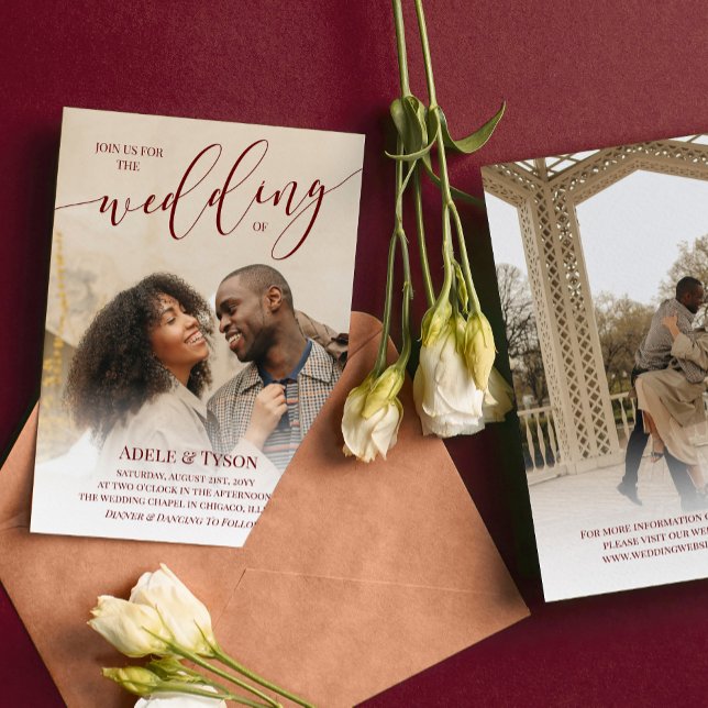 Red Join Us Calligraphy Photo Double Sided Wedding Invitation (Creator Uploaded)