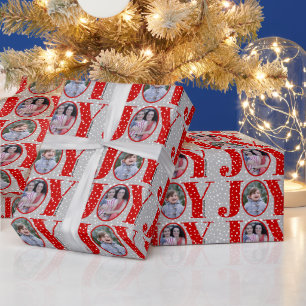Red JOY and snowflakes grey two photo Christmas Wrapping Paper