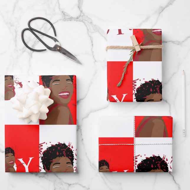 Red Joy Confetti Wrapping Paper Flat Sheets  (Front)