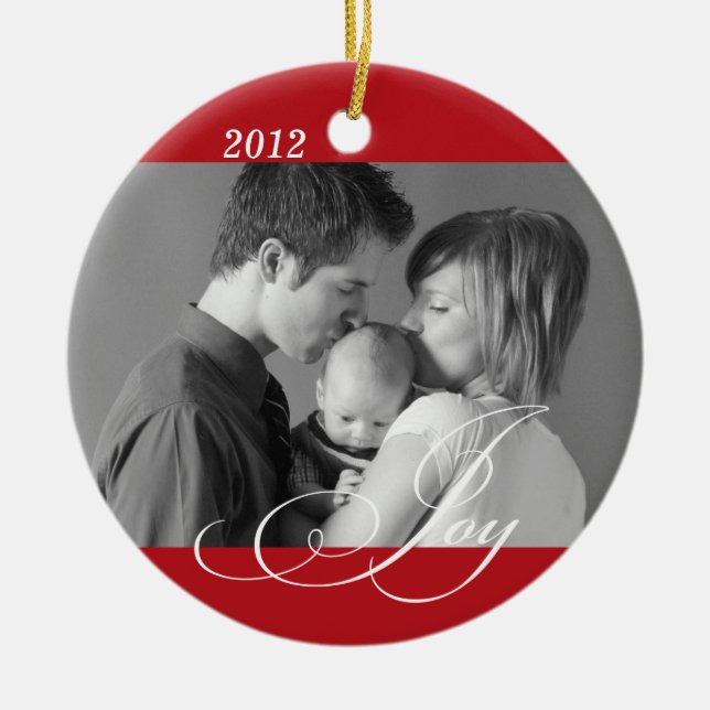 Red JOY custom photo holiday sentiment keepsake Ceramic Tree Decoration (Front)