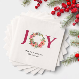 Red Joy Floral Wreath Botanical Christmas Party Napkin