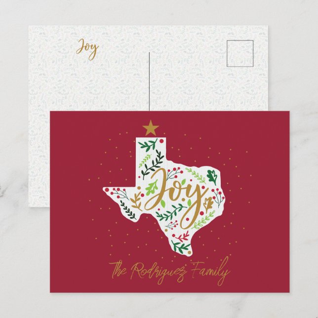 Red Joy Holiday Leaves Texas Shape Postcard (Front/Back)