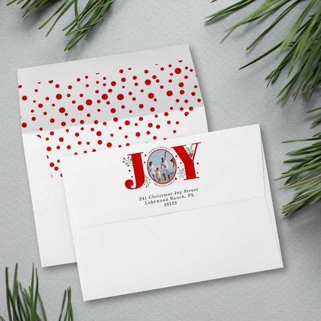 Red JOY Merry Christmas holiday photo Envelope (Creator Uploaded)