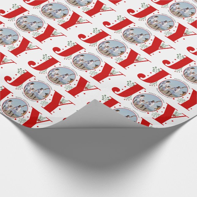 Red JOY Merry Christmas holiday photo Wrapping Paper (Corner)