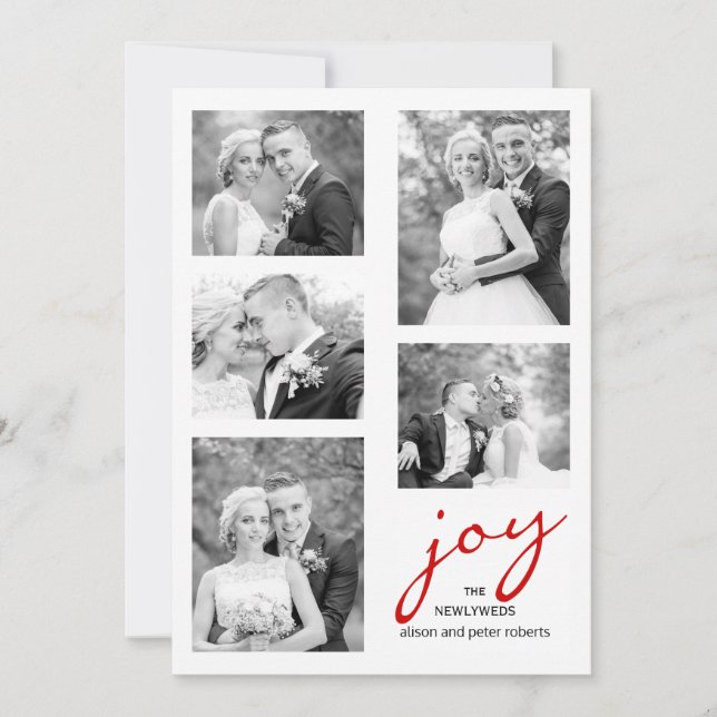 Red joy newlyweds five photo collage Christmas Holiday Card (Front)