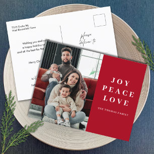 Red Joy Peace Love Minimal Christmas Family Name Holiday Postcard
