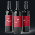 Red Joy Peace Love Minimal Christmas Family Name Wine Label<br><div class="desc">Custom Merry Christmas with monogram text can be personalised. This simple,  minimalist,  and contemporary Christmas design is ideal for standing out during the holiday season.</div>