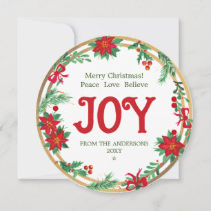 Red Joy Poinsettia Wreath Christmas Holiday Card