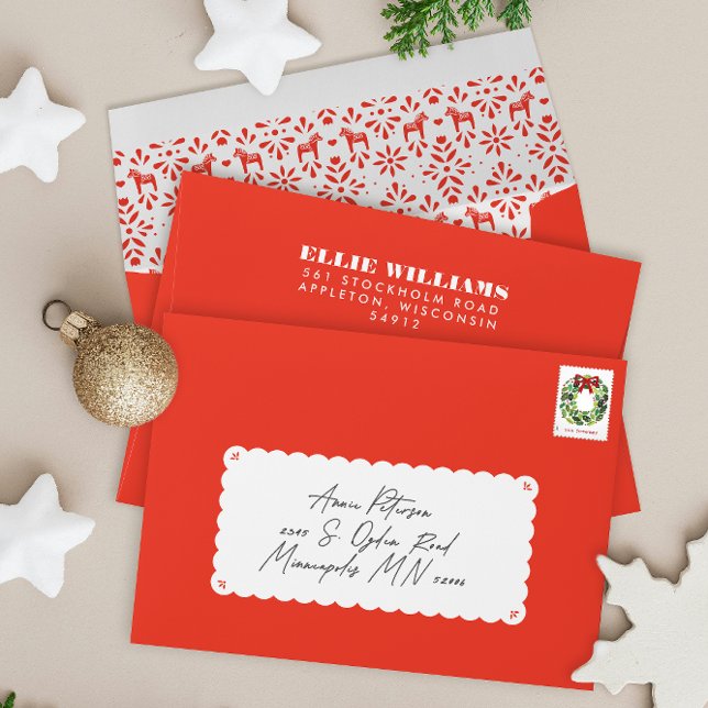 Red Joy Swedish Dala Horse Holiday Envelope (red envelope with Swedish Dala horse style folk art printed liner and charming front blank space)