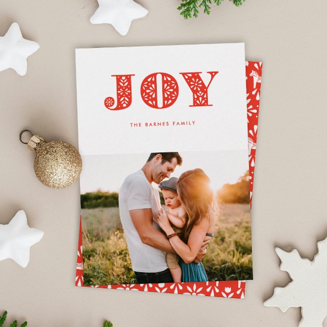 Red Joy Swedish Dala Style Photo Holiday Card (Swedish style folk art decorated red JOY Christmas photo holiday card)