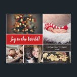 Red Joy to the World Baby Announcement Christmas<br><div class="desc">Your beautiful family and baby's photos deserve to be shared during this time of year as you send warm wishes. Especially it being baby's first Christmas, "Joy to the World" indeed. Announce the birth of your baby and greet family and friends with this collage photo Christmas Postcard. Customise this modern...</div>