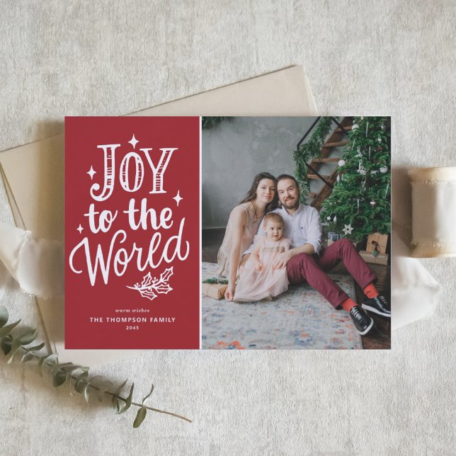 Red Joy To The World Christmas Carol Photo Holiday Card (Celebrate the season with this customizable red "Joy to the World" photo Christmas card.)