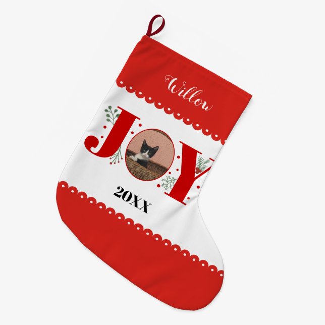 Red Joy with berries Christmas photo cat pet Large Christmas Stocking (Front (Hanging))