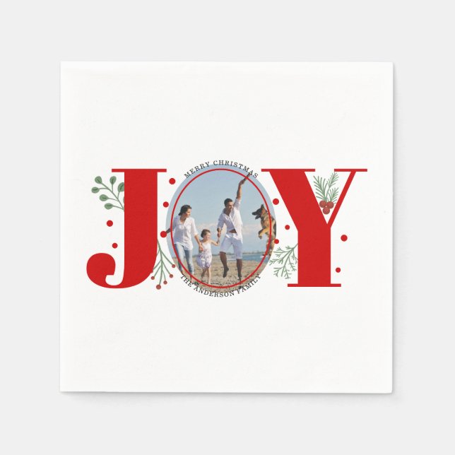 Red Joy with berries Christmas photo Holiday Napkin (Front)