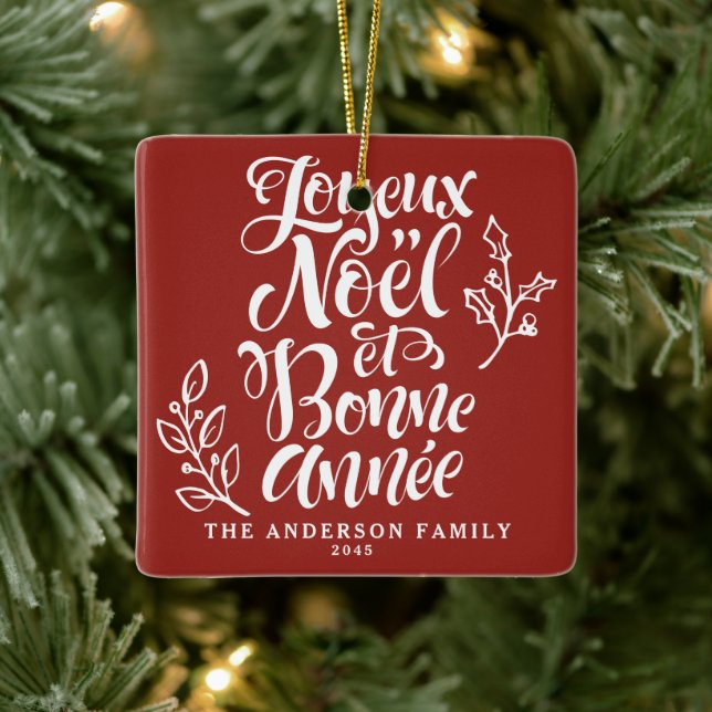 Red Joyeux Noël and Bonne Année Calligraphy Ceramic Ornament (Tree)
