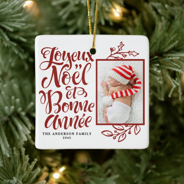 Red Joyeux Noël and Bonne Année Photo Ceramic Ornament (Tree)