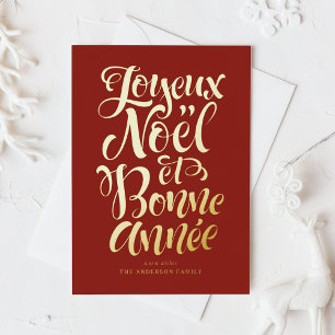 Red Joyeux Noël et Bonne Année Calligraphy Foil Holiday Postcard