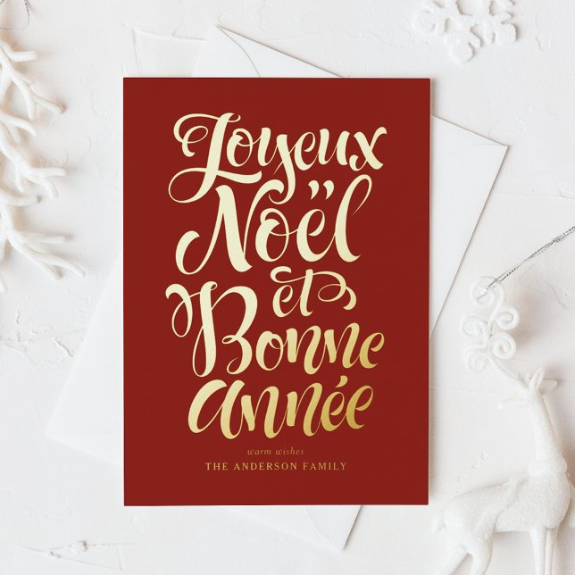 Red Joyeux Noël et Bonne Année Calligraphy Foil Holiday Postcard (Creator Uploaded)